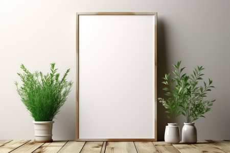 mockup frame, An arrangement of a rustic wooden frame, beautifully contrasted by a fresh bunch of verdant herbs on a timeworn wooden table. Generative AIの素材