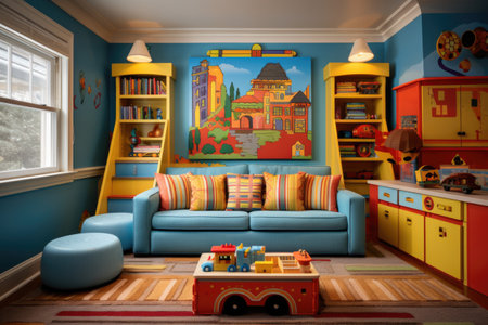 A lively children's space brimming with vivid toys, a pretend kitchen, and a snug corner for reading, providing an ideal place for kids to discover and play. Generative AIの素材