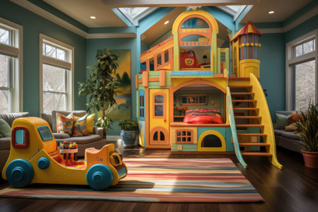 A lively children's space brimming with vivid toys, a pretend kitchen, and a snug corner for reading, providing an ideal place for kids to discover and play. Generative AIの素材