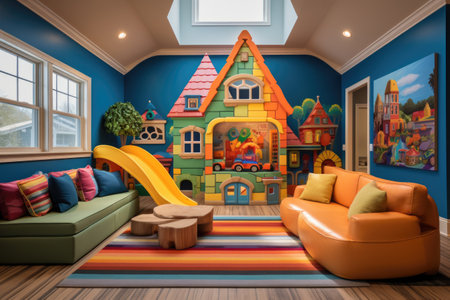 A dynamic playroom loaded with a spectrum of toys, a make-believe kitchen, and a comfortable reading alcove, primed for youthful exploration and enjoyment. Generative AIの素材