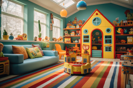 A lively children's space brimming with vivid toys, a pretend kitchen, and a snug corner for reading, providing an ideal place for kids to discover and play. Generative AIの素材
