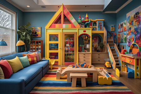 A dynamic playroom loaded with a spectrum of toys, a make-believe kitchen, and a comfortable reading alcove, primed for youthful exploration and enjoyment. Generative AIの素材