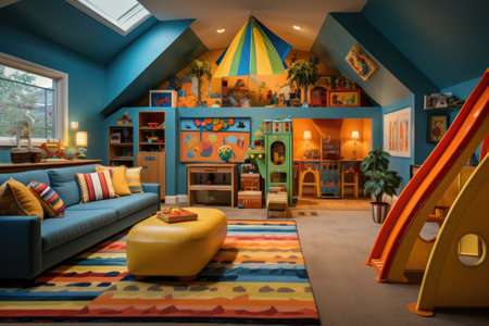 A dynamic playroom loaded with a spectrum of toys, a make-believe kitchen, and a comfortable reading alcove, primed for youthful exploration and enjoyment. Generative AIの素材