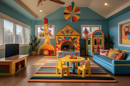 A dynamic playroom loaded with a spectrum of toys, a make-believe kitchen, and a comfortable reading alcove, primed for youthful exploration and enjoyment. Generative AIの素材