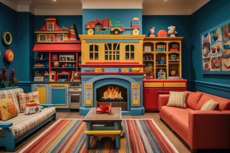 A dynamic playroom loaded with a spectrum of toys, a make-believe kitchen, and a comfortable reading alcove, primed for youthful exploration and enjoyment. Generative AIの素材