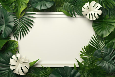 Mockup frame, The richness of a wooden frame layout brought to life against the background of wallpaper patterned with tropical green leaves. Generative AIの素材