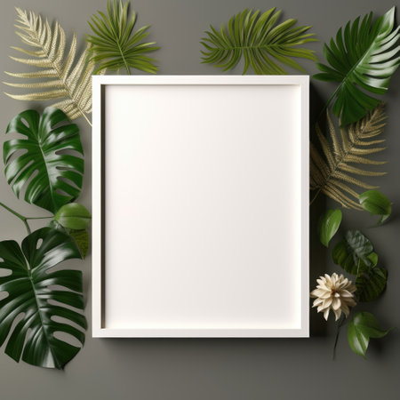 Mockup frame, The richness of a wooden frame layout brought to life against the background of wallpaper patterned with tropical green leaves. Generative AIの素材