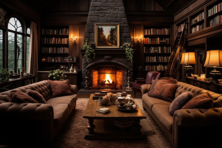 A homey living room enriched with cozy sofas, a charming fireplace, and book-laden shelves ornamented with various decorative accents. Generative AIの素材