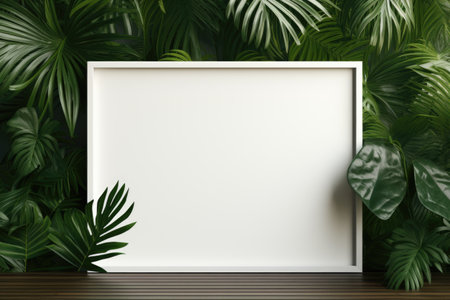 Mockup frame, A tasteful wooden frame arrangement set against a backdrop of lush tropical greenery wallpaper. Generative AIの素材