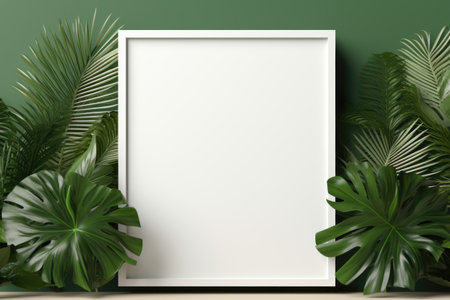 Mockup frame, The richness of a wooden frame layout brought to life against the background of wallpaper patterned with tropical green leaves. Generative AIの素材