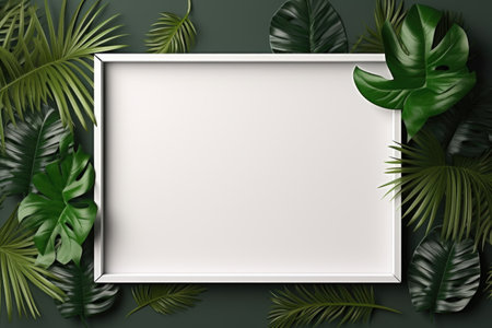 Mockup frame, The richness of a wooden frame layout brought to life against the background of wallpaper patterned with tropical green leaves. Generative AIの素材