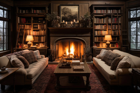 A homey living room enriched with cozy sofas, a charming fireplace, and book-laden shelves ornamented with various decorative accents. Generative AIの素材
