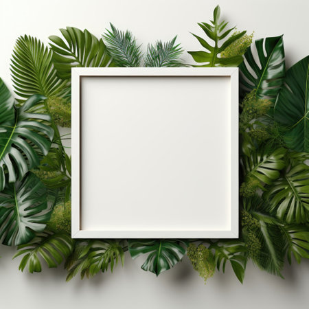 Mockup frame, A tasteful wooden frame arrangement set against a backdrop of lush tropical greenery wallpaper. Generative AIの素材