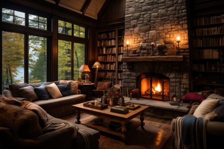 A homey living room enriched with cozy sofas, a charming fireplace, and book-laden shelves ornamented with various decorative accents. Generative AIの素材