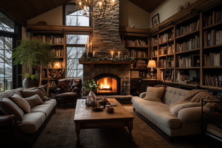 A homey living room enriched with cozy sofas, a charming fireplace, and book-laden shelves ornamented with various decorative accents. Generative AIの素材
