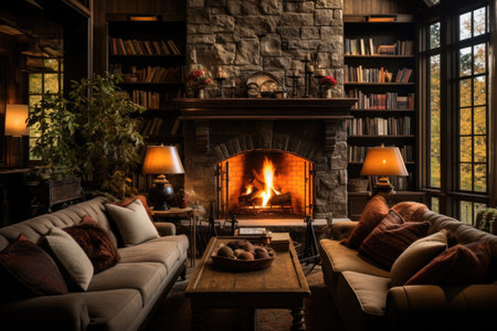 A homey living room enriched with cozy sofas, a charming fireplace, and book-laden shelves ornamented with various decorative accents. Generative AIの素材