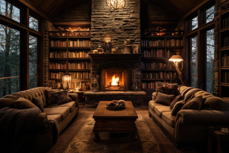 A homey living room enriched with cozy sofas, a charming fireplace, and book-laden shelves ornamented with various decorative accents. Generative AIの素材