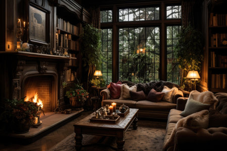 A homey living room enriched with cozy sofas, a charming fireplace, and book-laden shelves ornamented with various decorative accents. Generative AIの素材