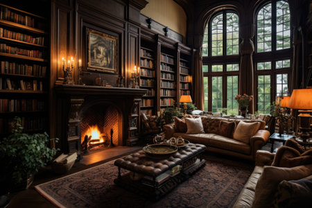 A homey living room enriched with cozy sofas, a charming fireplace, and book-laden shelves ornamented with various decorative accents. Generative AIの素材