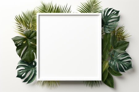 Mockup frame, A tasteful wooden frame arrangement set against a backdrop of lush tropical greenery wallpaper. Generative AIの素材