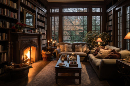 A homey living room enriched with cozy sofas, a charming fireplace, and book-laden shelves ornamented with various decorative accents. Generative AIの素材