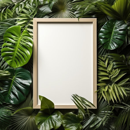 Mockup frame, A tasteful wooden frame arrangement set against a backdrop of lush tropical greenery wallpaper. Generative AIの素材