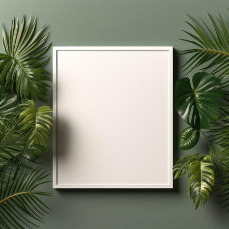 Mockup frame, The richness of a wooden frame layout brought to life against the background of wallpaper patterned with tropical green leaves. Generative AIの素材
