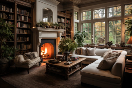 A homey living room enriched with cozy sofas, a charming fireplace, and book-laden shelves ornamented with various decorative accents. Generative AIの素材