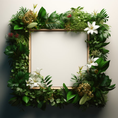 Mockup frame, A rustic wooden frame design graced with a vibrant green vine subtly curling along its periphery. Generative AIの素材