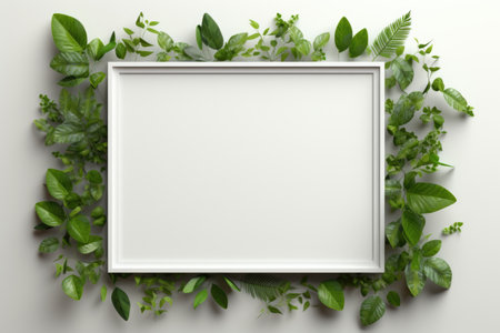 Mockup frame, An artistic arrangement featuring a wooden frame, adorned by a lush plant playfully tracing its edges. Generative AIの素材