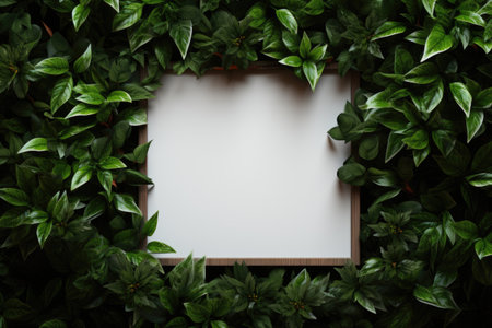 Mockup frame, A rustic wooden frame design graced with a vibrant green vine subtly curling along its periphery. Generative AIの素材
