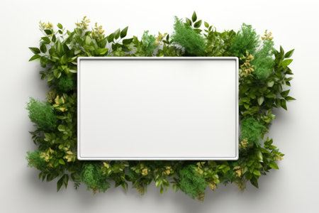 Mockup frame, A wooden frame layout embraced by the trailing tendrils of a luxuriant green plant along its boundaries. Generative AIの素材