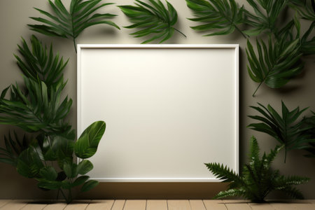Mockup frame, An arrangement of a wooden frame with the fresh touch of a green creeper plant subtly winding along its edges. Generative AIの素材