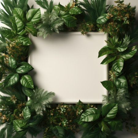 Mockup frame, A wooden frame layout embraced by the trailing tendrils of a luxuriant green plant along its boundaries. Generative AIの素材