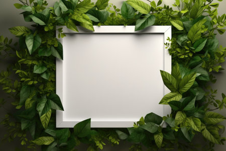 Mockup frame, A rustic wooden frame design graced with a vibrant green vine subtly curling along its periphery. Generative AIの素材