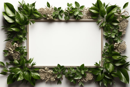 Mockup frame, A rustic wooden frame design graced with a vibrant green vine subtly curling along its periphery. Generative AIの素材