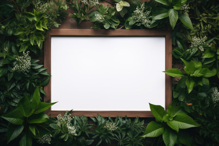 Mockup frame, An arrangement of a wooden frame with the fresh touch of a green creeper plant subtly winding along its edges. Generative AIの素材