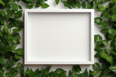 Mockup frame, An arrangement of a wooden frame with the fresh touch of a green creeper plant subtly winding along its edges. Generative AIの素材