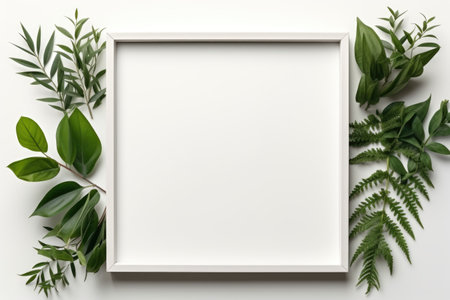 Mockup frame, A rustic wooden frame design graced with a vibrant green vine subtly curling along its periphery. Generative AIの素材