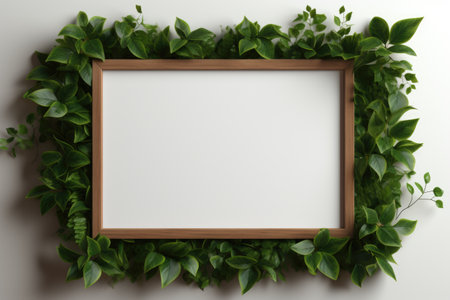 Mockup frame, An arrangement of a wooden frame with the fresh touch of a green creeper plant subtly winding along its edges. Generative AIの素材