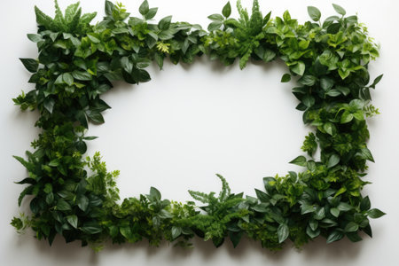 Mockup frame, A rustic wooden frame design graced with a vibrant green vine subtly curling along its periphery. Generative AIの素材