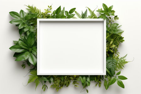 Mockup frame, An arrangement of a wooden frame with the fresh touch of a green creeper plant subtly winding along its edges. Generative AIの素材