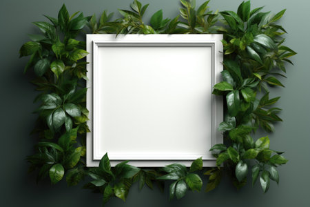 Mockup frame, An artistic arrangement featuring a wooden frame, adorned by a lush plant playfully tracing its edges. Generative AIの素材