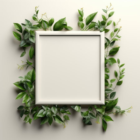 Mockup frame, An arrangement of a wooden frame with the fresh touch of a green creeper plant subtly winding along its edges. Generative AIの素材