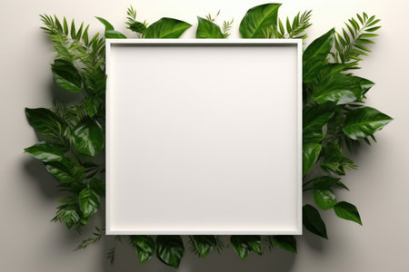 Mockup frame, A wooden frame layout embraced by the trailing tendrils of a luxuriant green plant along its boundaries. Generative AIの素材