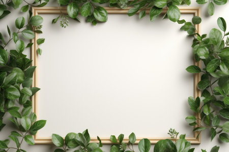 Mockup frame, A wooden frame layout embraced by the trailing tendrils of a luxuriant green plant along its boundaries. Generative AIの素材