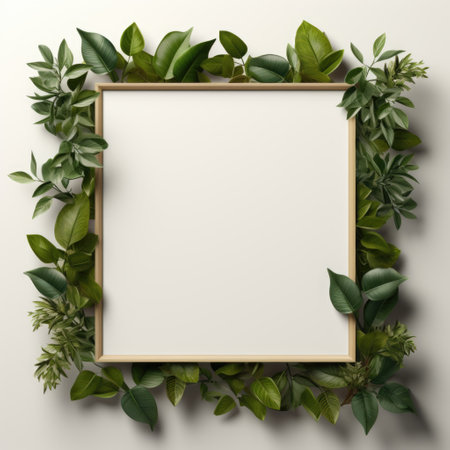 Mockup frame, An arrangement of a wooden frame with the fresh touch of a green creeper plant subtly winding along its edges. Generative AIの素材