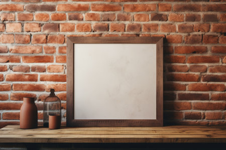 A wooden mockup frame against a textured brick wall, creating an inviting rustic ambiance. Generative AIの素材