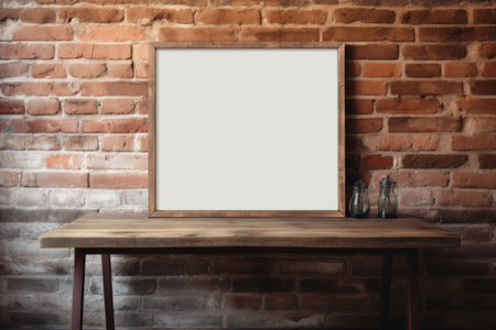 A mockup frame of wood, leaned against a sturdy brick wall, offering an inherent rustic warmth. Generative AIの素材