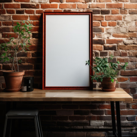 A wooden mockup frame against a textured brick wall, creating an inviting rustic ambiance. Generative AIの素材